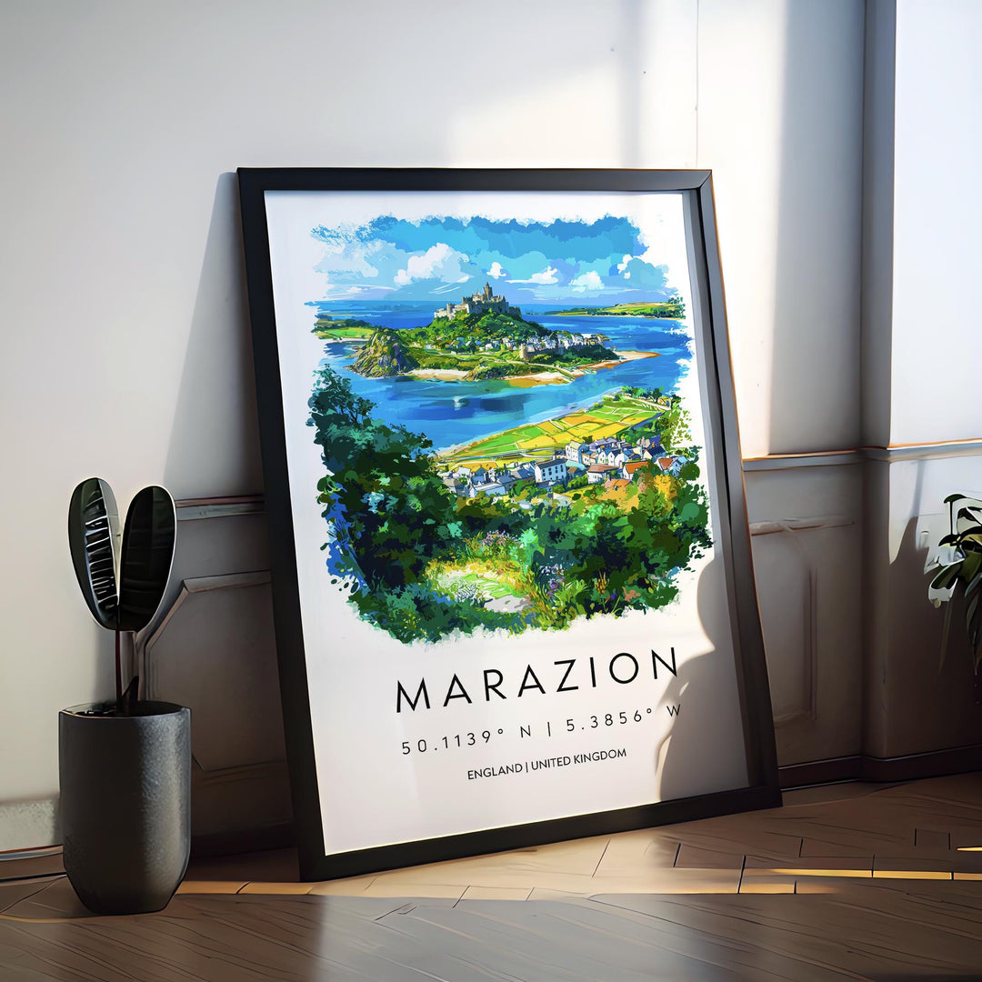 Marazion Watercolor Poster Marazion Cornwall Travel Print Wall Art Marazion Home Decor Marazion Gift Art Lovers UK St Michaels Mount