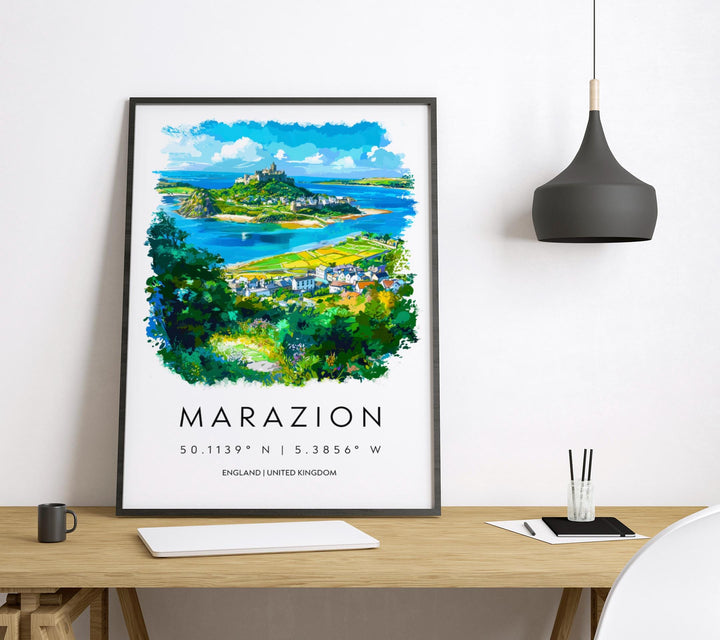 Marazion Watercolor Poster Marazion Cornwall Travel Print Wall Art Marazion Home Decor Marazion Gift Art Lovers UK St Michaels Mount