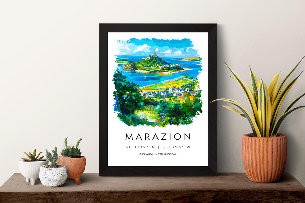 Marazion Watercolor Poster Marazion Cornwall Travel Print Wall Art Marazion Home Decor Marazion Gift Art Lovers UK St Michaels Mount