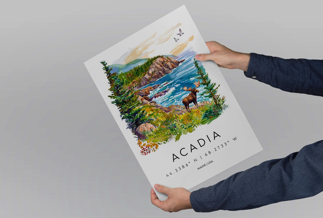 Acadia Watercolor Poster Acadia Maine Travel Print Wall Art Acadia Home Decor Acadia Gift Art Lovers National Park Coastal