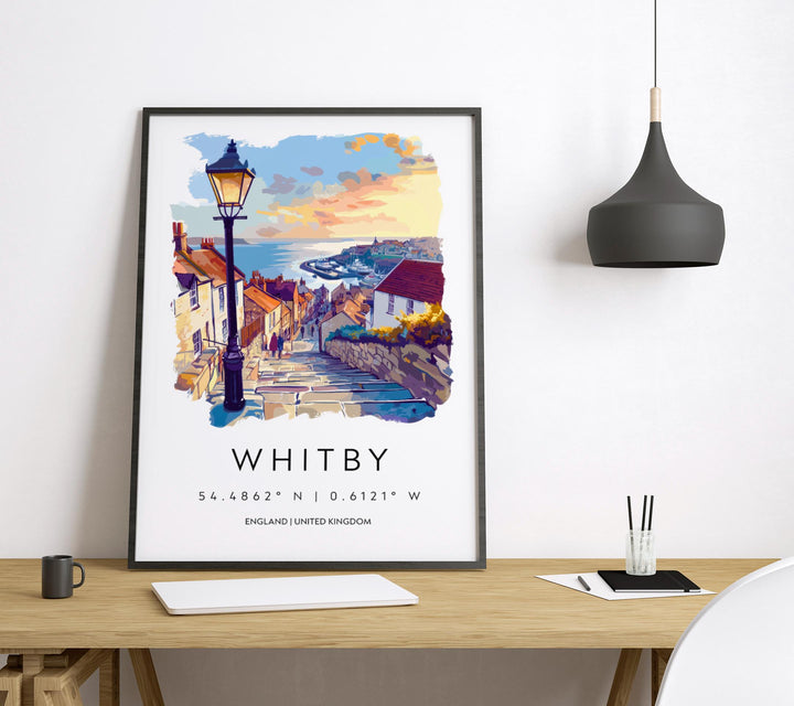 Whitby Watercolor Poster Whitby England Travel Print Wall Art Whitby Home Decor Whitby Gift Art Lovers UK Coastal Town