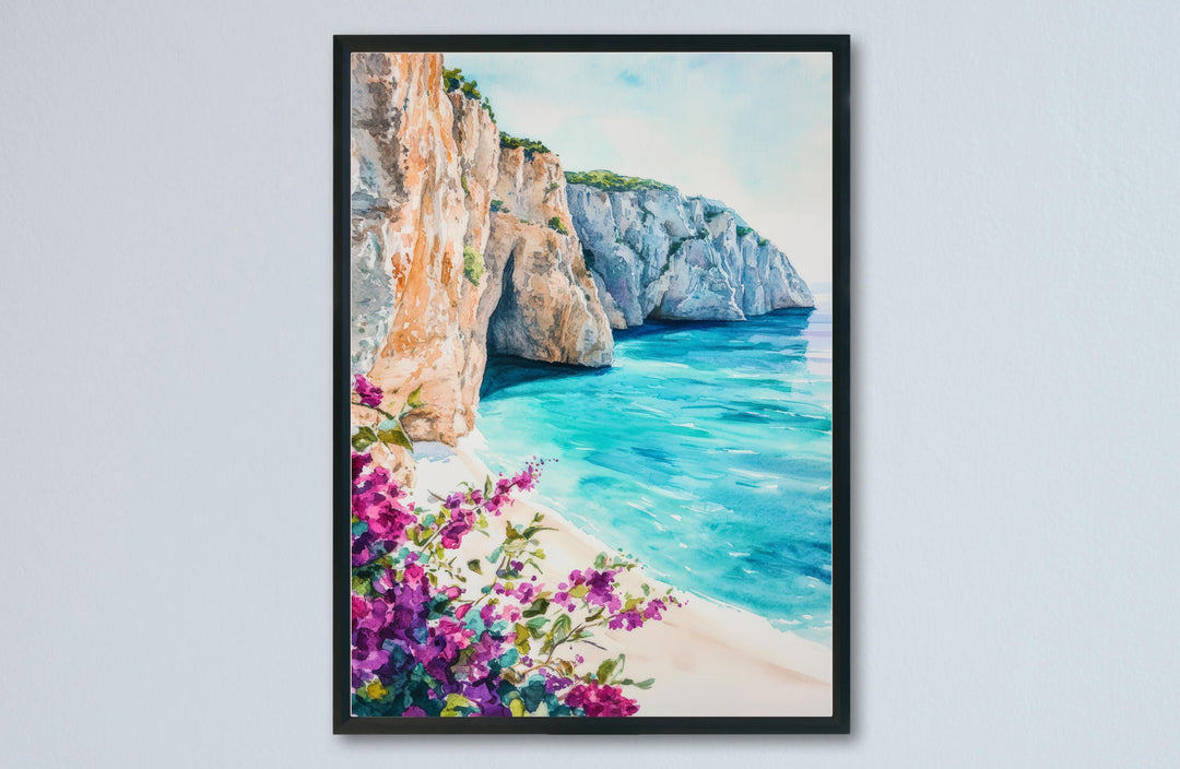 Zakynthos Watercolor Poster Greece Travel Print Wall Art Home Decor Gift Greek Isle Souvenir Navagio Beach Blue Caves Ionian Sea Landscape