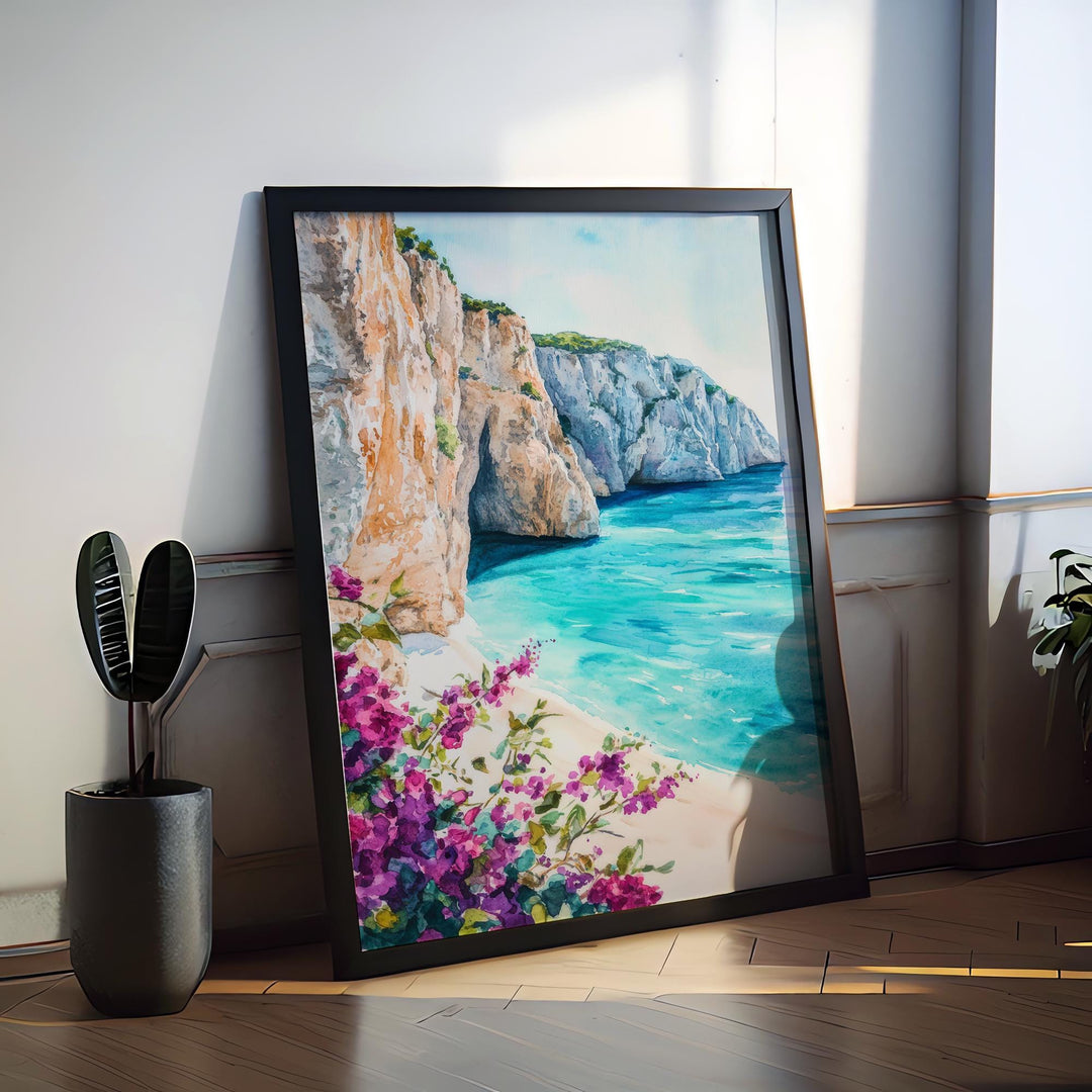 Zakynthos Watercolor Poster Greece Travel Print Wall Art Home Decor Gift Greek Isle Souvenir Navagio Beach Blue Caves Ionian Sea Landscape