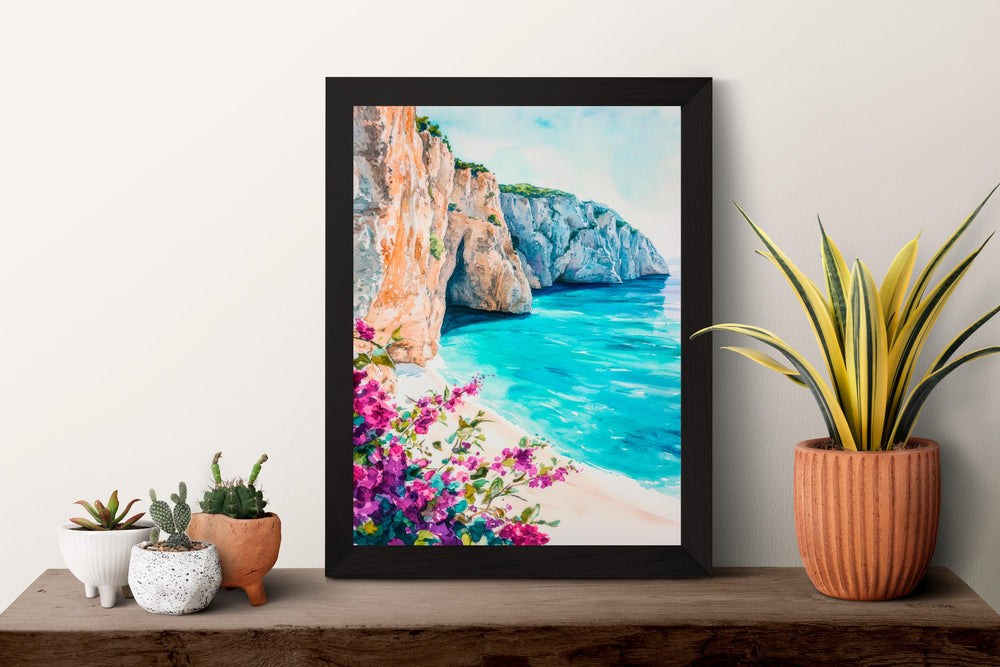 Zakynthos Watercolor Poster Greece Travel Print Wall Art Home Decor Gift Greek Isle Souvenir Navagio Beach Blue Caves Ionian Sea Landscape