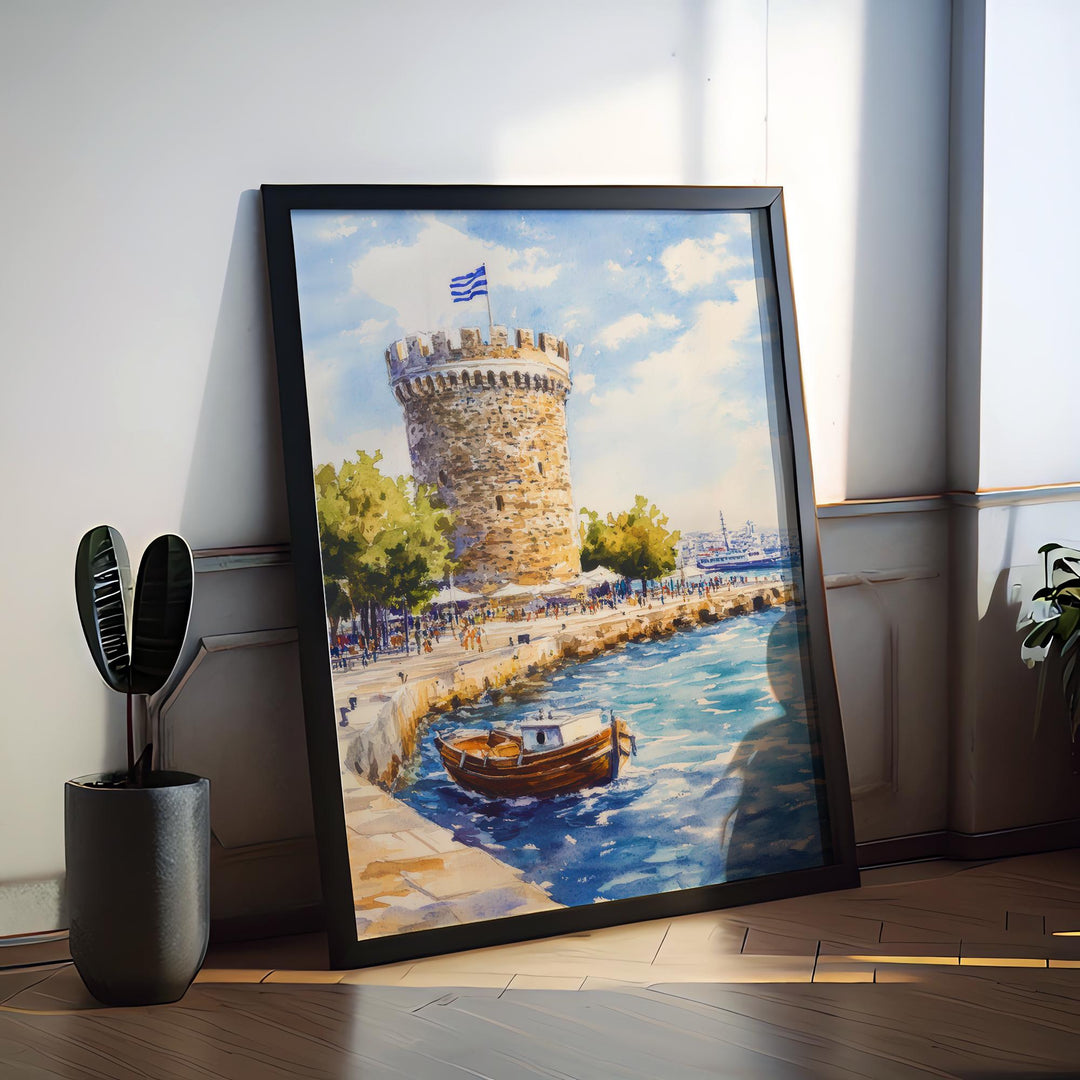 Thessaloniki Watercolor Poster Greece Travel Print Wall Art Home Decor Gift Greek City Souvenir White Tower Aegean Sea Ar