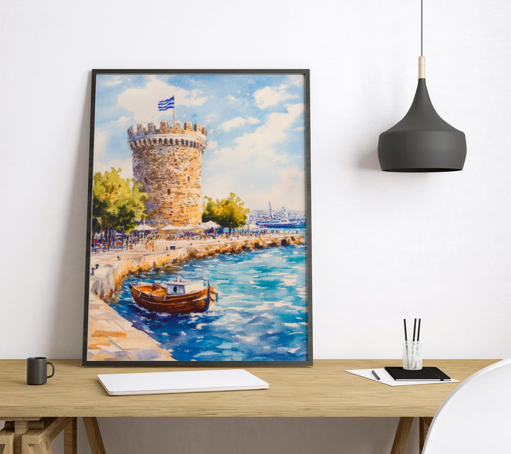 Thessaloniki Watercolor Poster Greece Travel Print Wall Art Home Decor Gift Greek City Souvenir White Tower Aegean Sea Ar