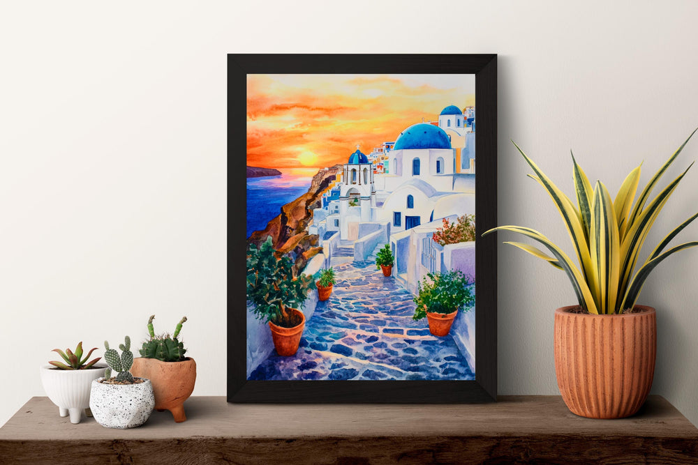 Santorini Watercolor Poster Greece Travel Print Wall Art Home Decor Gift Greek Isle Souvenir White Washed Villages Sunset Wall Decor Hanging