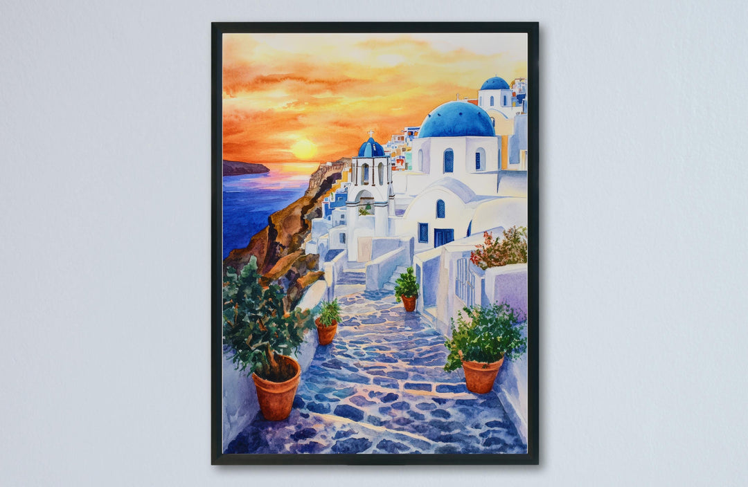 Santorini Watercolor Poster Greece Travel Print Wall Art Home Decor Gift Greek Isle Souvenir White Washed Villages Sunset Wall Decor Hanging