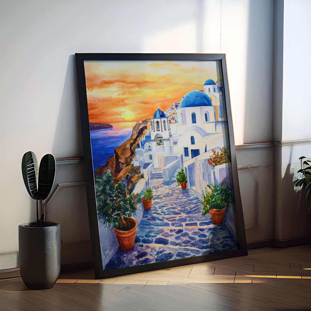 Santorini Watercolor Poster Greece Travel Print Wall Art Home Decor Gift Greek Isle Souvenir White Washed Villages Sunset Wall Decor Hanging