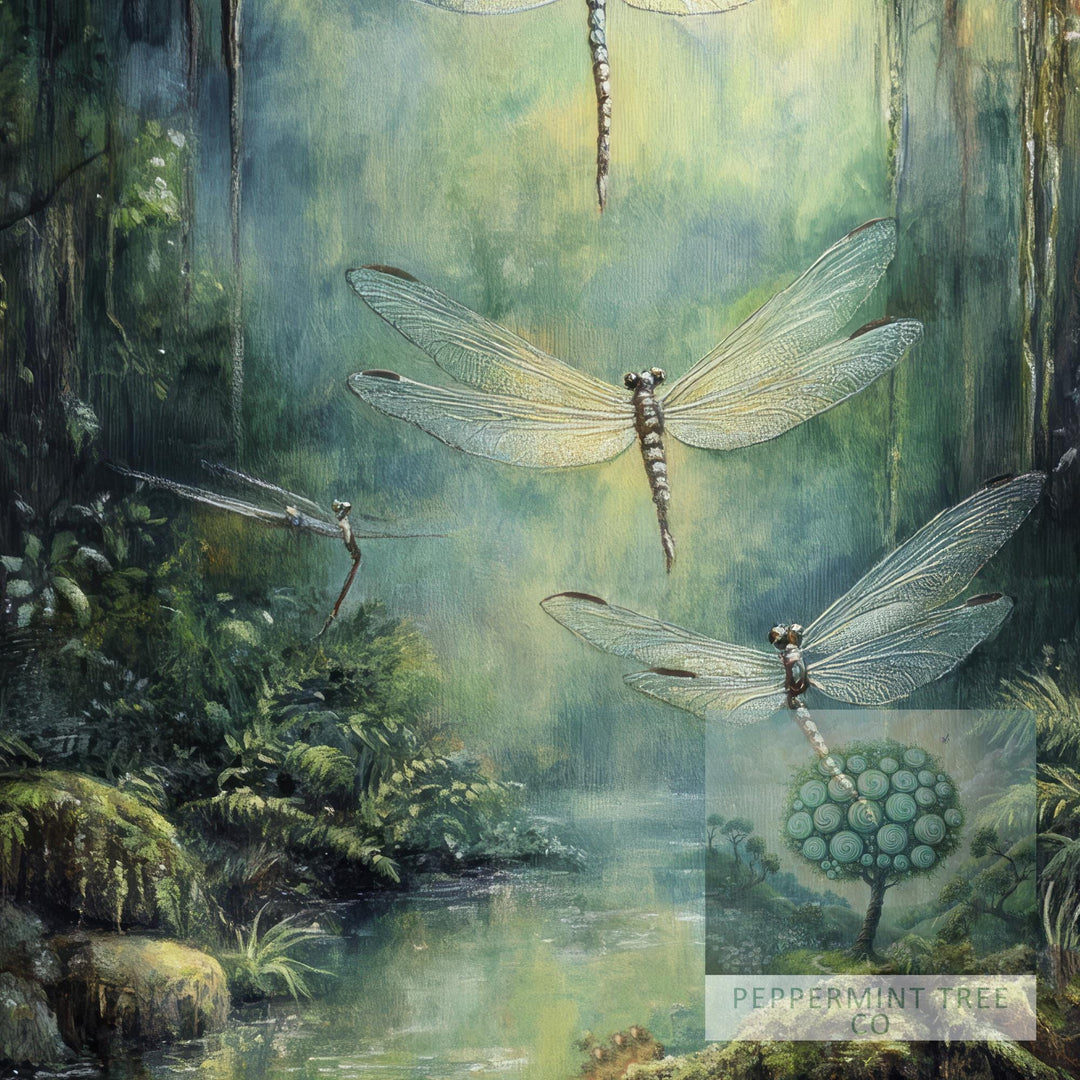 Fern Winged Dragonflies Art Print, Vintage Cottagecore Decor