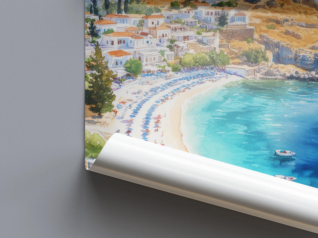 Rhodes Watercolor Poster Greece Travel Print Wall Art Home Decor Gift Greek Isle Souvenir Old Town Beach Castle Wall Decor Hanging