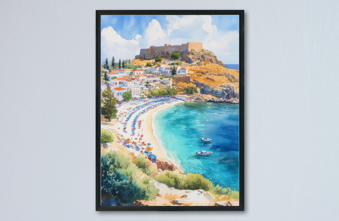 Rhodes Watercolor Poster Greece Travel Print Wall Art Home Decor Gift Greek Isle Souvenir Old Town Beach Castle Wall Decor Hanging