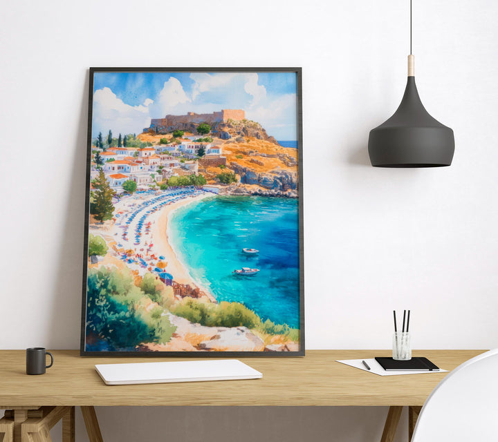 Rhodes Watercolor Poster Greece Travel Print Wall Art Home Decor Gift Greek Isle Souvenir Old Town Beach Castle Wall Decor Hanging