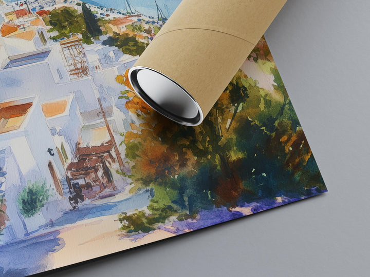 Patmos Watercolor Poster Greece Travel Print Wall Art Home Decor Gift Greek Isle Souvenir Monastery Cave Beach Wall Decor Hanging