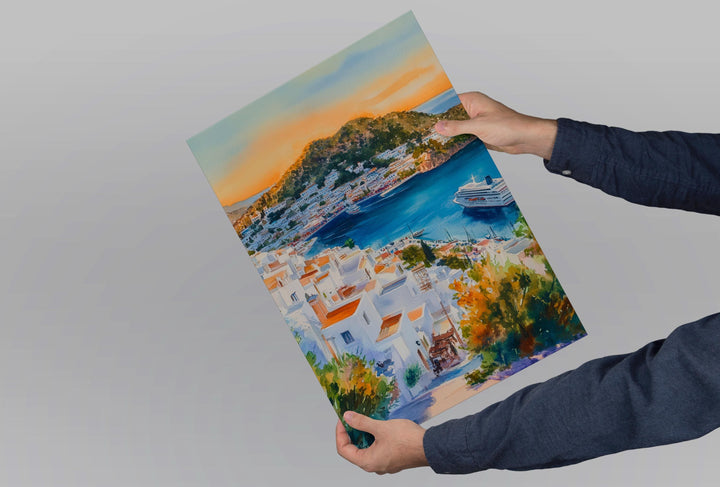 Patmos Watercolor Poster Greece Travel Print Wall Art Home Decor Gift Greek Isle Souvenir Monastery Cave Beach Wall Decor Hanging