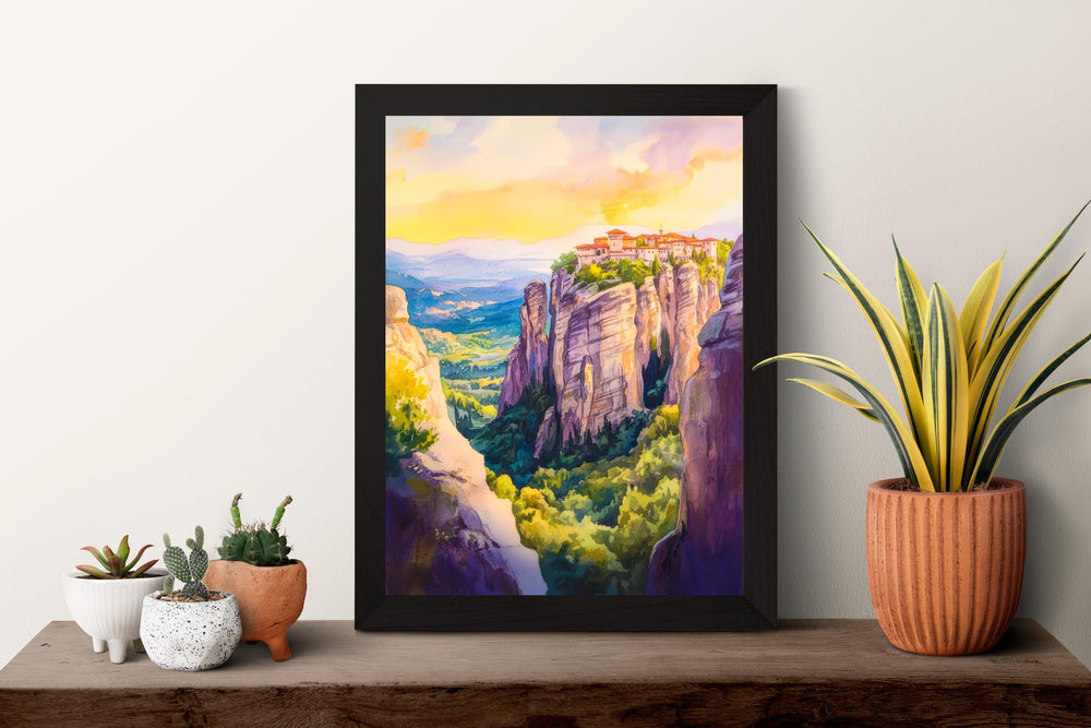 Meteora Watercolor Poster Greece Travel Print Wall Art Home Decor Gift Greek Site Souvenir Monasteries Cliffs Pilgrimage Wall Decor Hanging