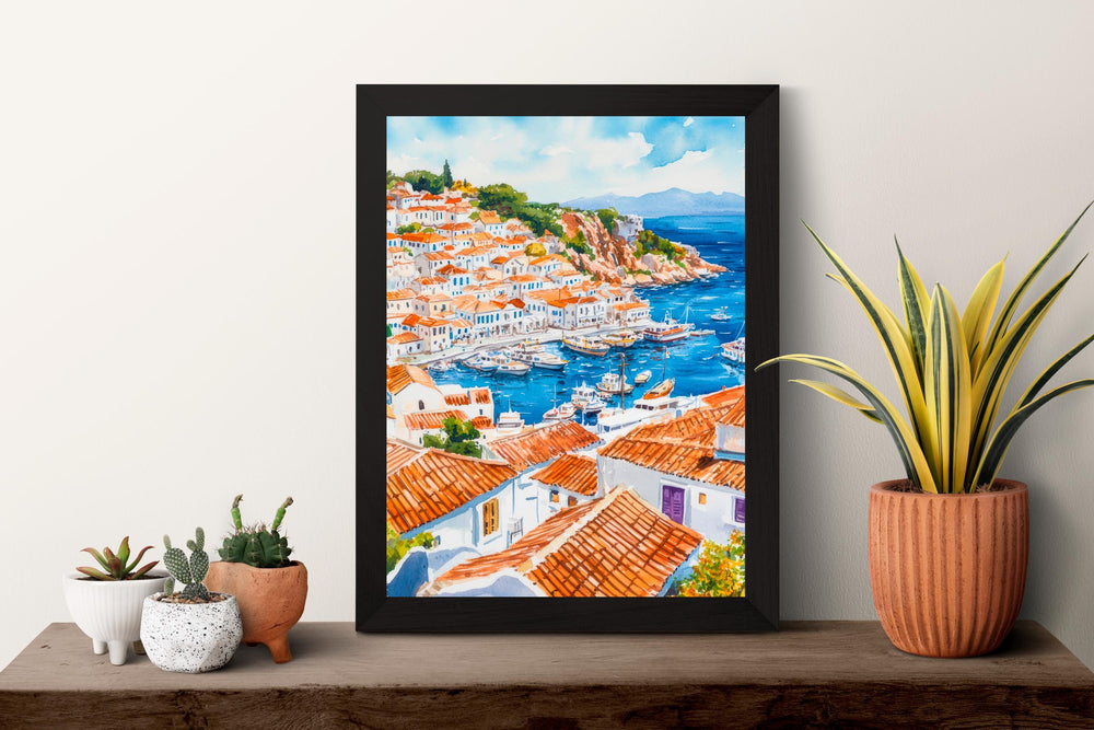 Hydra Watercolor Poster Greece Travel Print Wall Art Home Decor Gift Greek Isle Souvenir Car Free Port Village Wall Decor Hanging