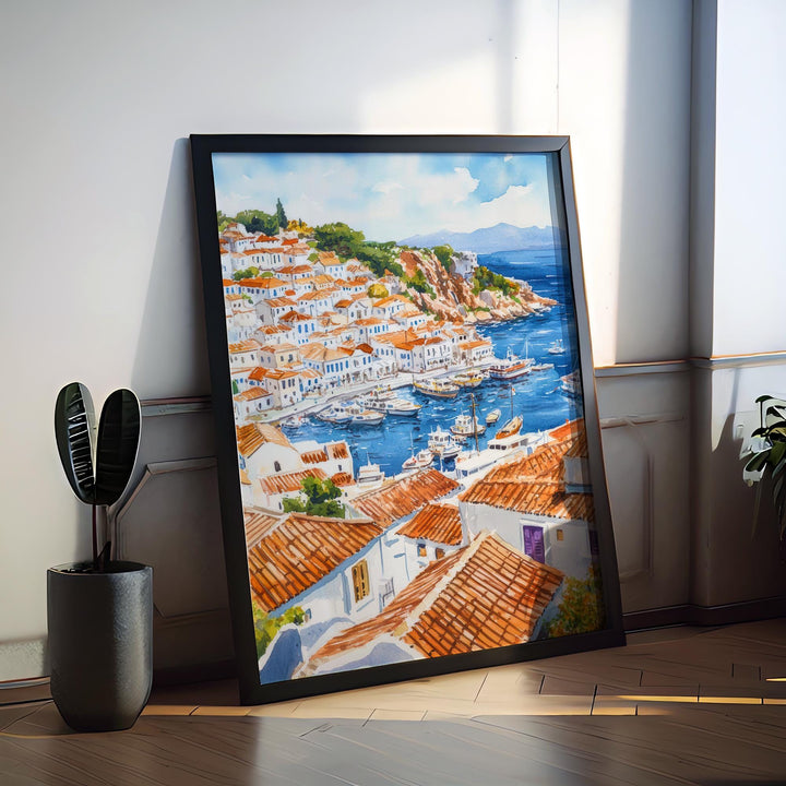 Hydra Watercolor Poster Greece Travel Print Wall Art Home Decor Gift Greek Isle Souvenir Car Free Port Village Wall Decor Hanging