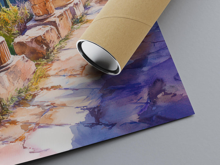 Delphi Watercolor Poster Greece Travel Print Wall Art Home Decor Gift Greek Site Souvenir Ancient Ruins Oracle History Wall Decor Hanging