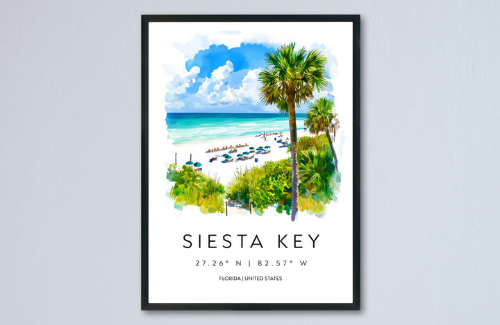 Siesta Key Watercolor Poster Wall Art Florida Home Décor USA Art Lover Gift, Travel Souvenir Print Siesta Key Wall Hanging Florida Poster