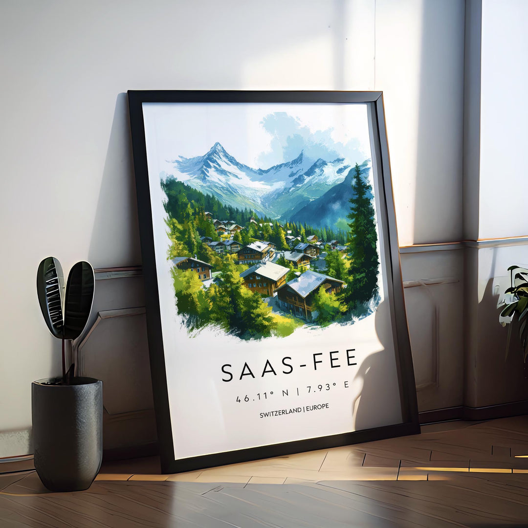 Saas-Fee Watercolor Poster Wall Art Saas-Fee Wall Decor Home Décor Saas-Fee Gift Switzerland Art Lover Gift, Travel Souvenir Print