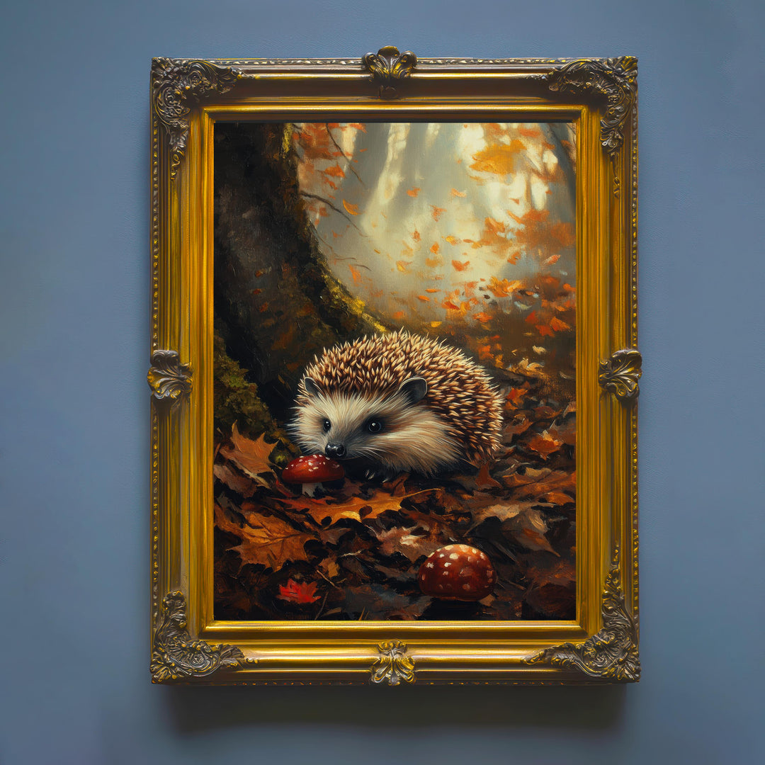 Hedgehog Autumn Print, Vintage Forest Cottagecore Art