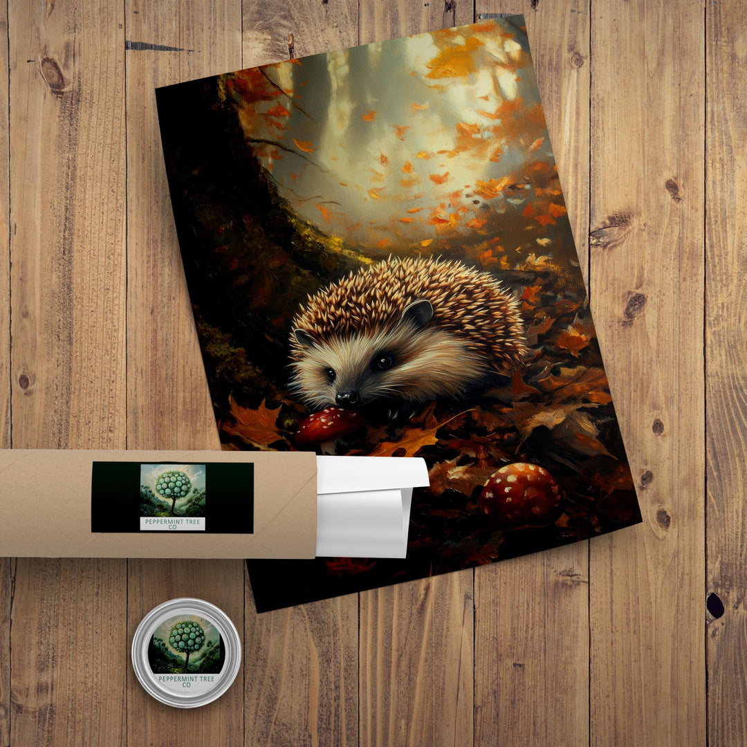 Hedgehog Autumn Print, Vintage Forest Cottagecore Art