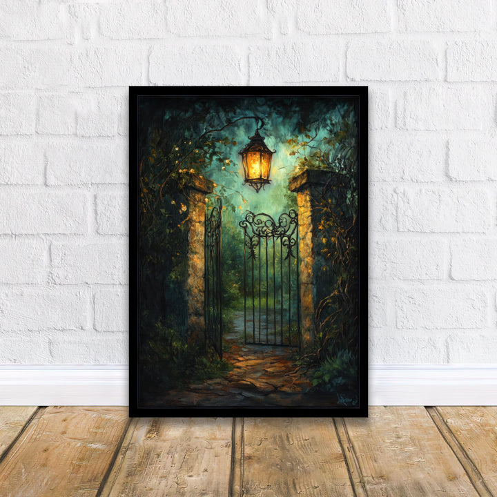 Lantern Lit Garden Gate Print, Vintage Cottagecore Art