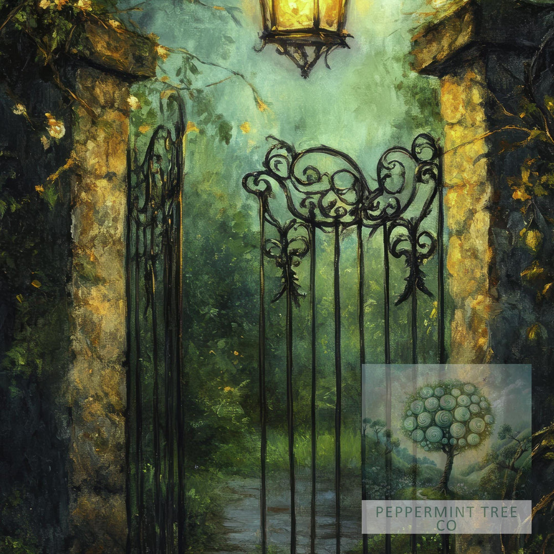 Lantern Lit Garden Gate Print, Vintage Cottagecore Art