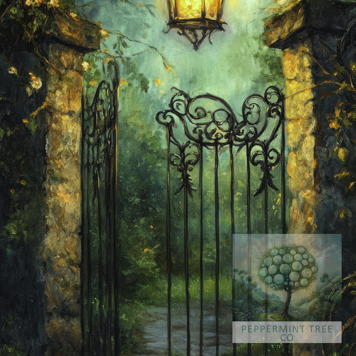 Lantern Lit Garden Gate Print, Vintage Cottagecore Art