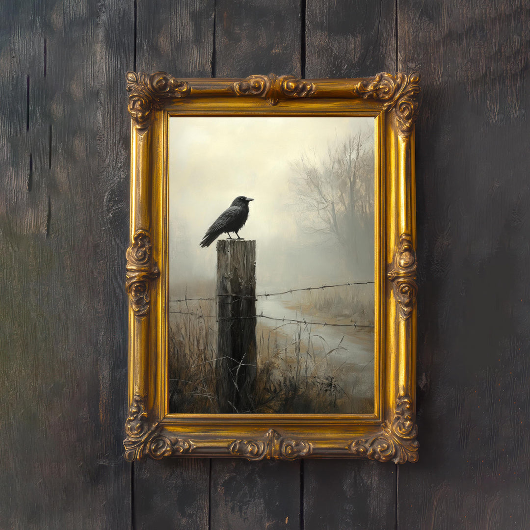 Crow on a Foggy Fencepost Cottagecore Print Poster Vintage Nature Art Dark Academia Antique Illustration Enchanted Moody Cottagecore