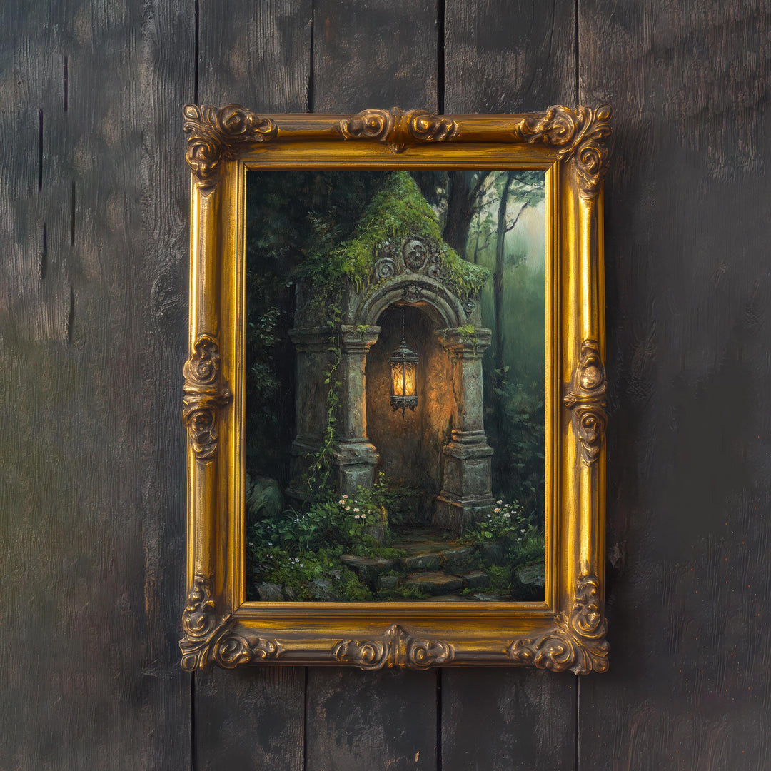 Lantern by a Woodland Shrine Cottagecore Print Poster Vintage Magical Art Dark Academia Antique Illustration Enchanted Forest Cottagecore