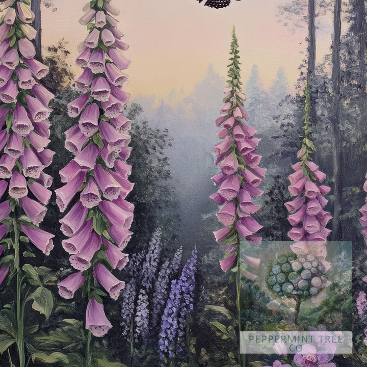 Foxglove Moth Botanical Print, Vintage Cottagecore Art