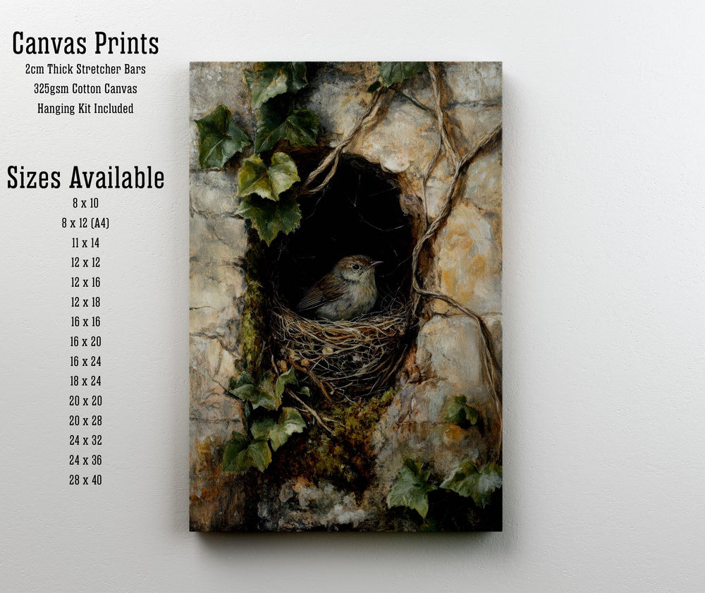 Wren Nestled in Ivy Wall Cottagecore Print Poster Vintage Nature Art Dark Academia Antique Illustration Enchanted Woodland Cottagecore