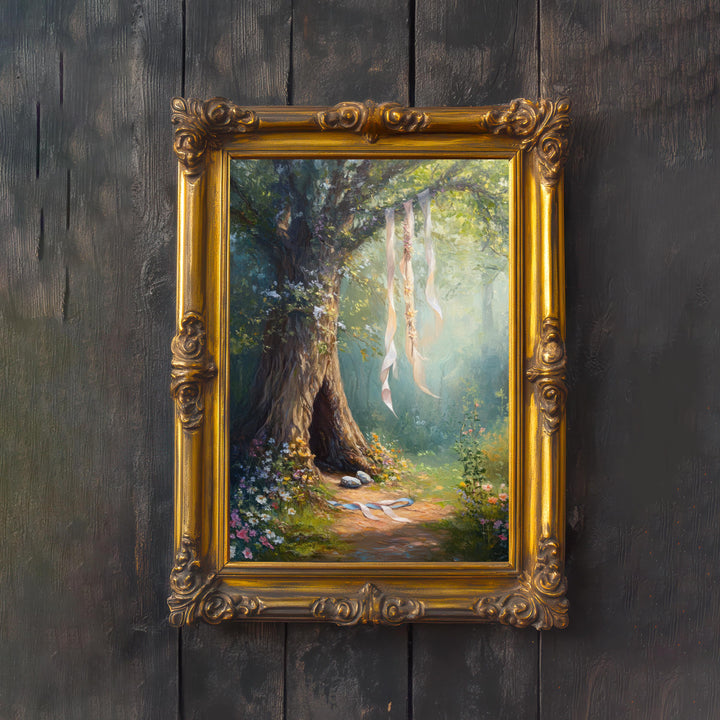 Enchanted Forest Tree Print, Hanging Ribbons Vintage Art