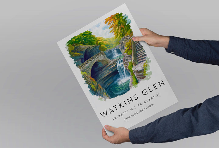 Watkins Glen State Park Watercolor Wall Art Watkins Glen Decor Home Décor Watkins Glen Gift USA Art Lover Gift, Travel Print