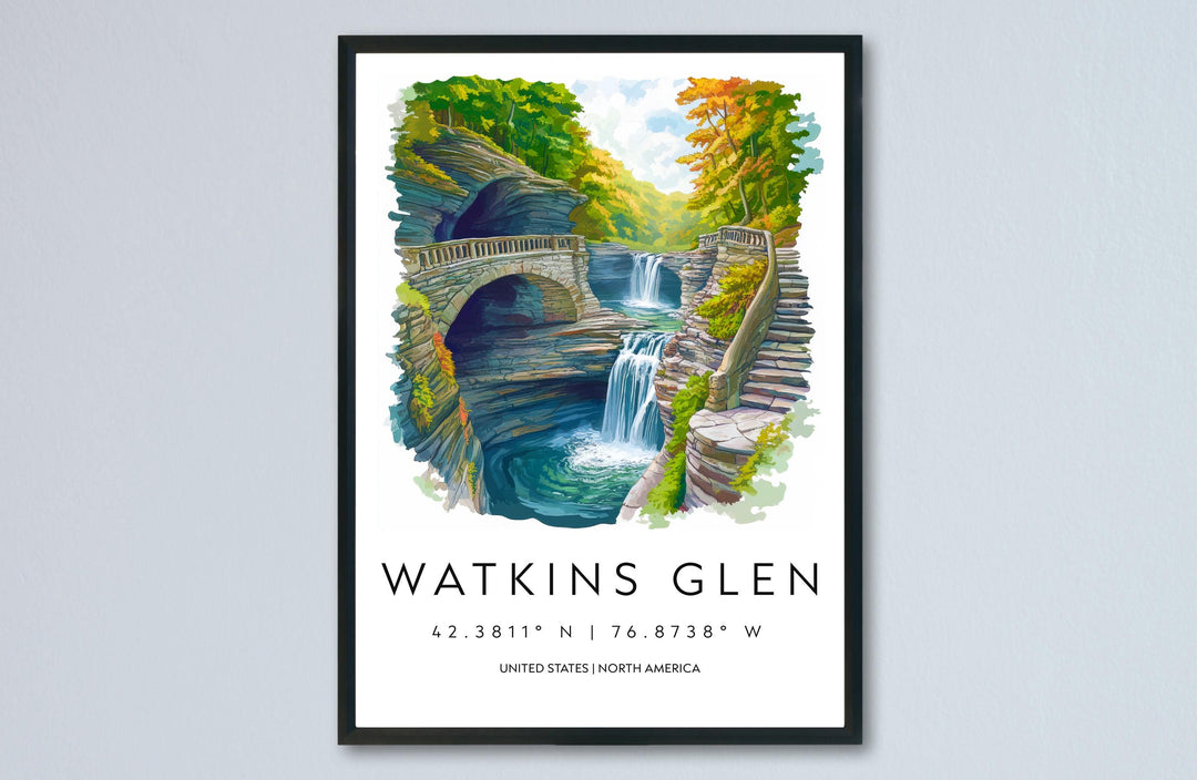 Watkins Glen State Park Watercolor Wall Art Watkins Glen Decor Home Décor Watkins Glen Gift USA Art Lover Gift, Travel Print