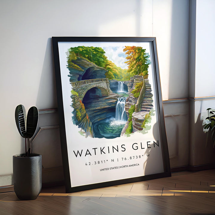 Watkins Glen State Park Watercolor Wall Art Watkins Glen Decor Home Décor Watkins Glen Gift USA Art Lover Gift, Travel Print