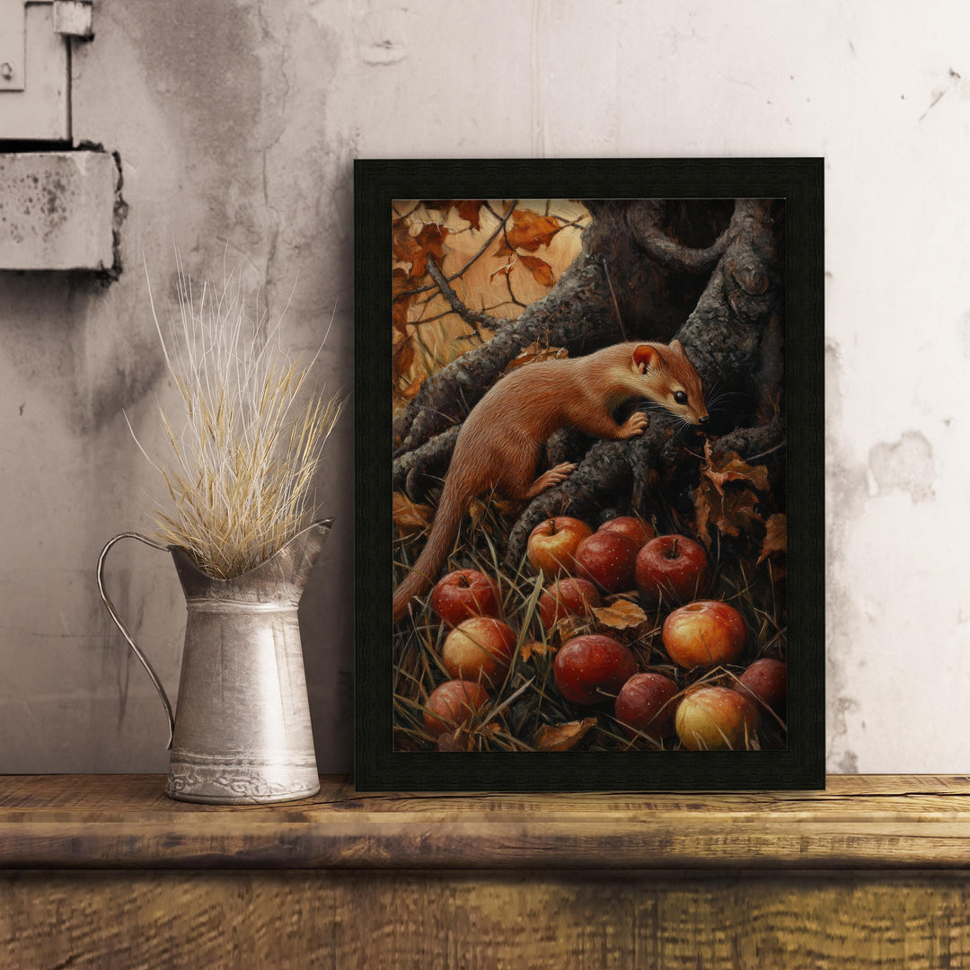 Weasel and Fallen Apples Vintage Illustration, Cottagecore Print
