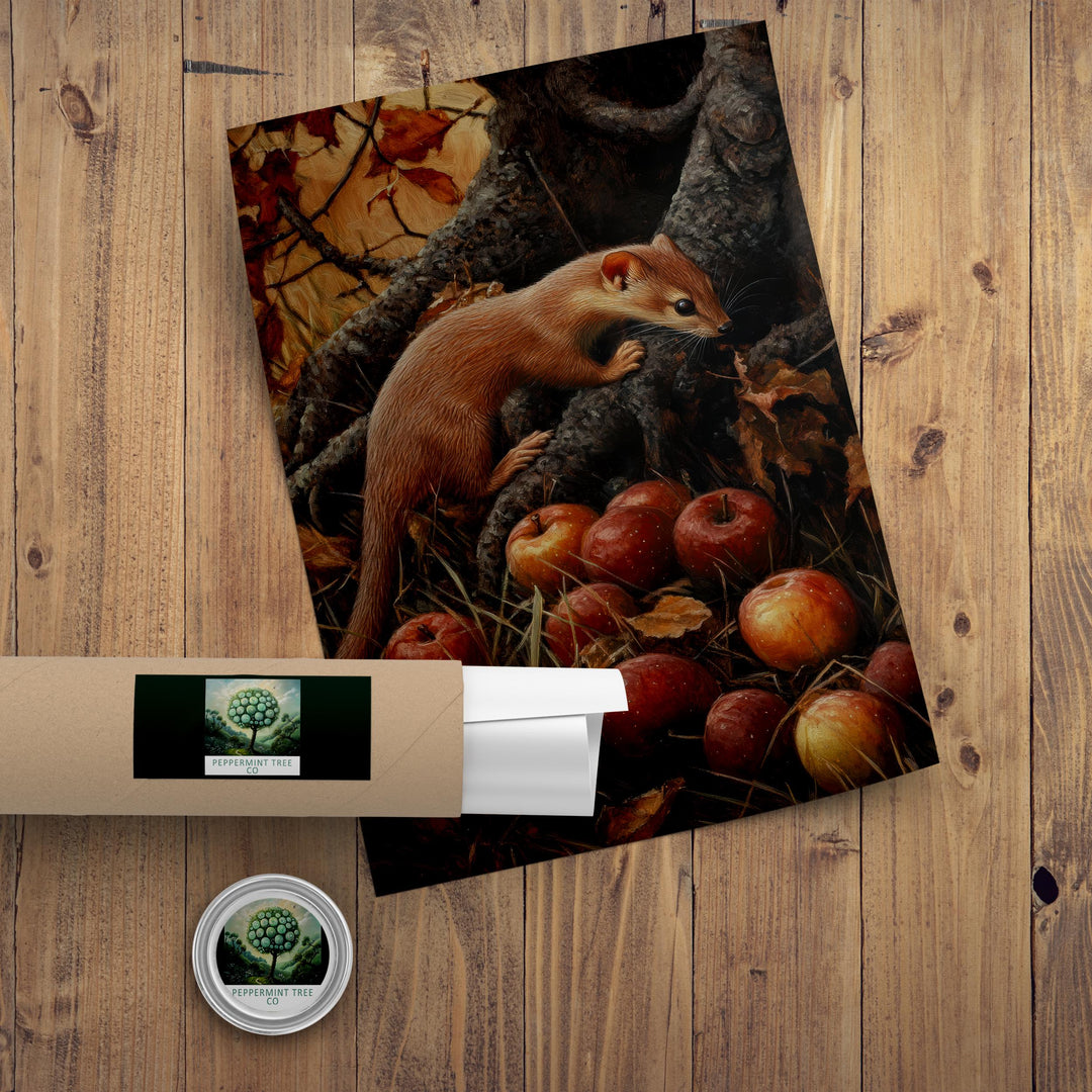 Weasel and Fallen Apples Vintage Illustration, Cottagecore Print