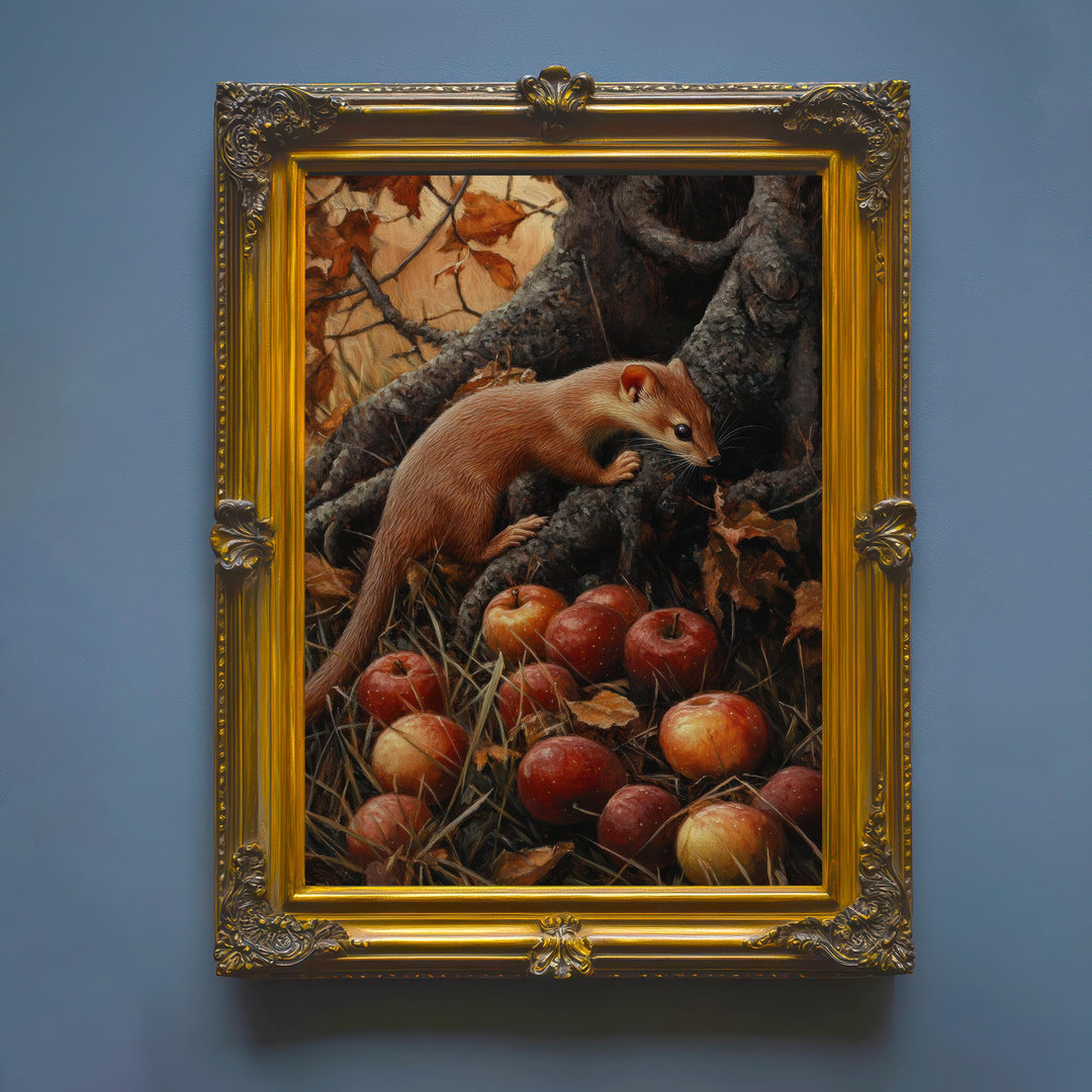 Weasel and Fallen Apples Vintage Illustration, Cottagecore Print
