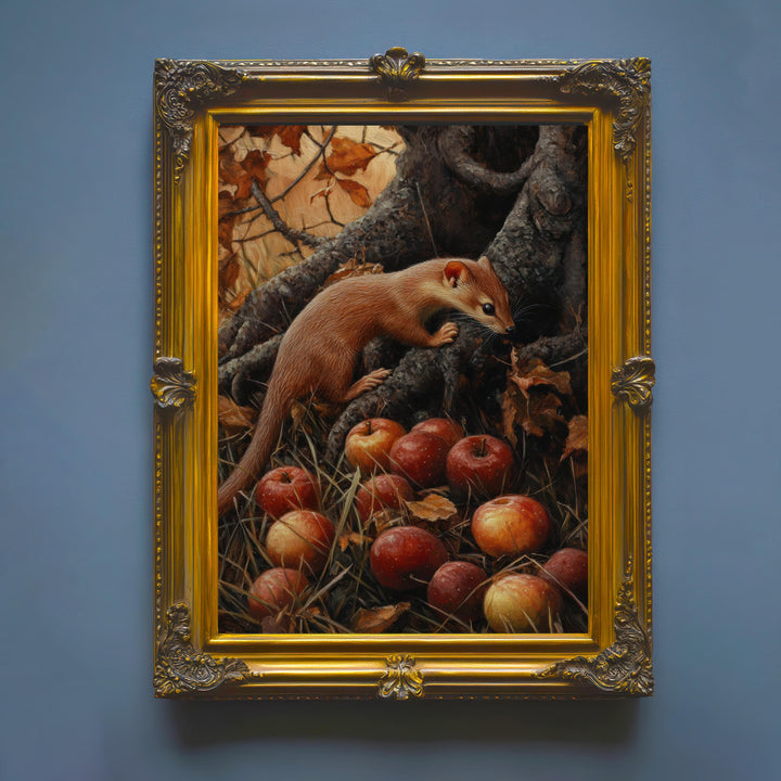 Weasel and Fallen Apples Vintage Illustration, Cottagecore Print