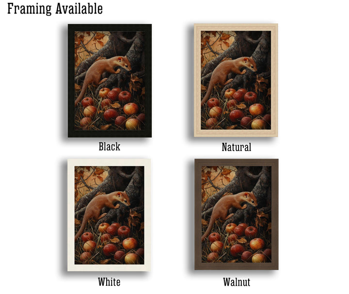 Weasel and Fallen Apples Vintage Illustration, Cottagecore Print