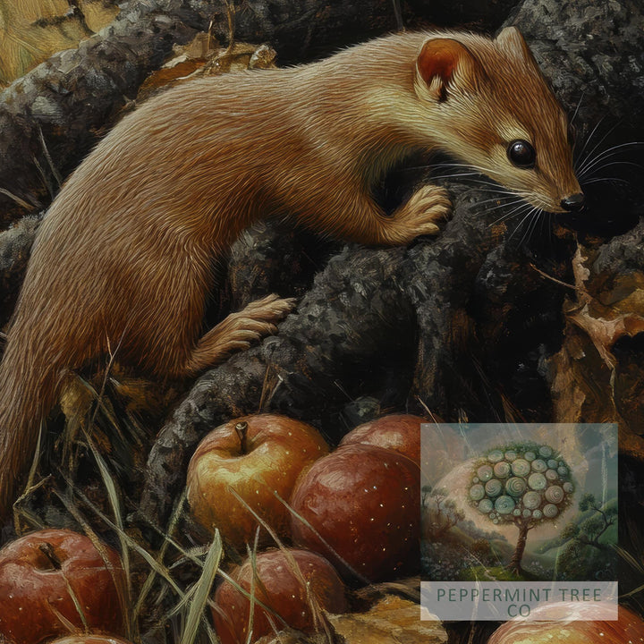 Weasel and Fallen Apples Vintage Illustration, Cottagecore Print