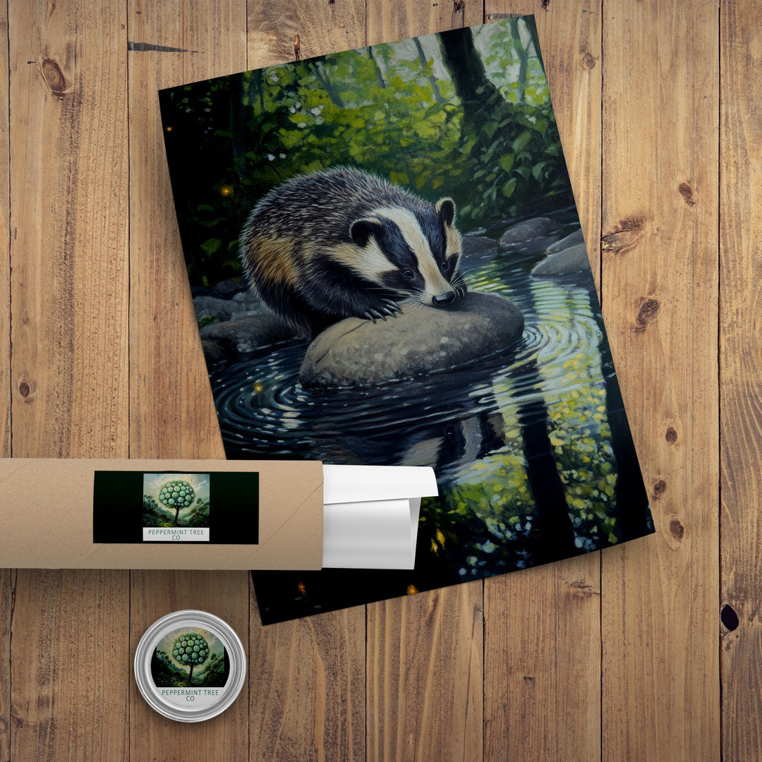 Badger Woodland Stream Print - Vintage Cottagecore Forest Poster