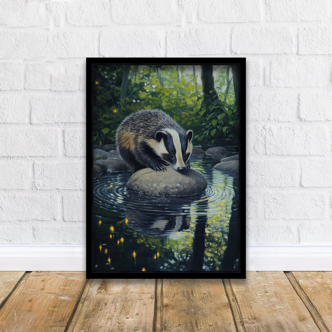 Badger Woodland Stream Print - Vintage Cottagecore Forest Poster