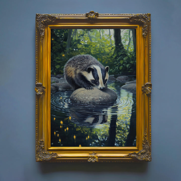 Badger Woodland Stream Print - Vintage Cottagecore Forest Poster