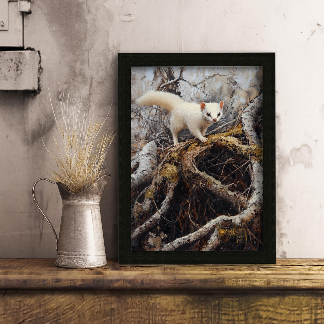 Stoat Winter Coat Print, Vintage Forest Art, Cottagecore Decor