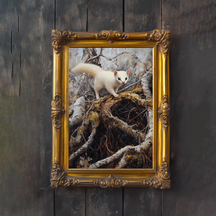 Stoat Winter Coat Print, Vintage Forest Art, Cottagecore Decor