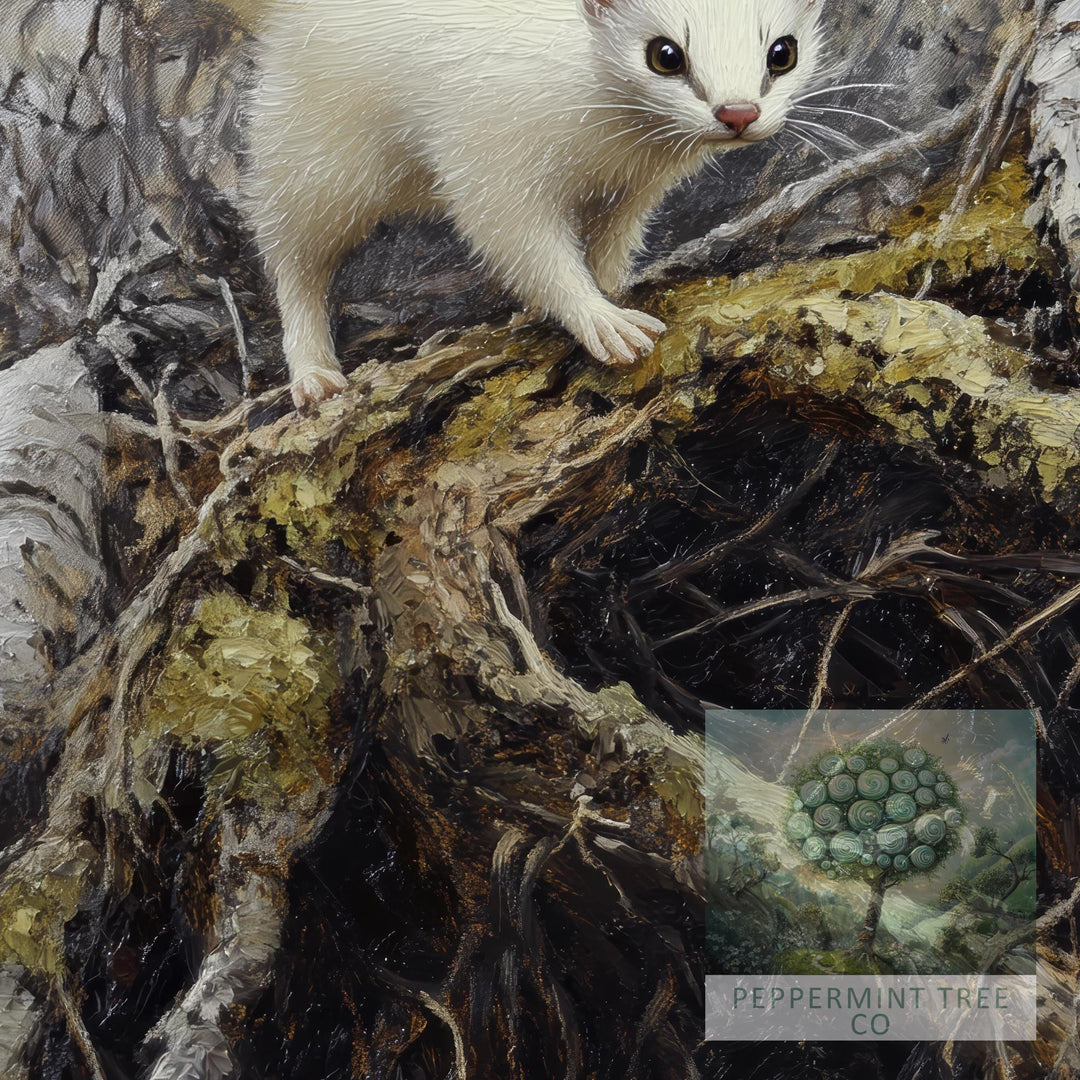 Stoat Winter Coat Print, Vintage Forest Art, Cottagecore Decor